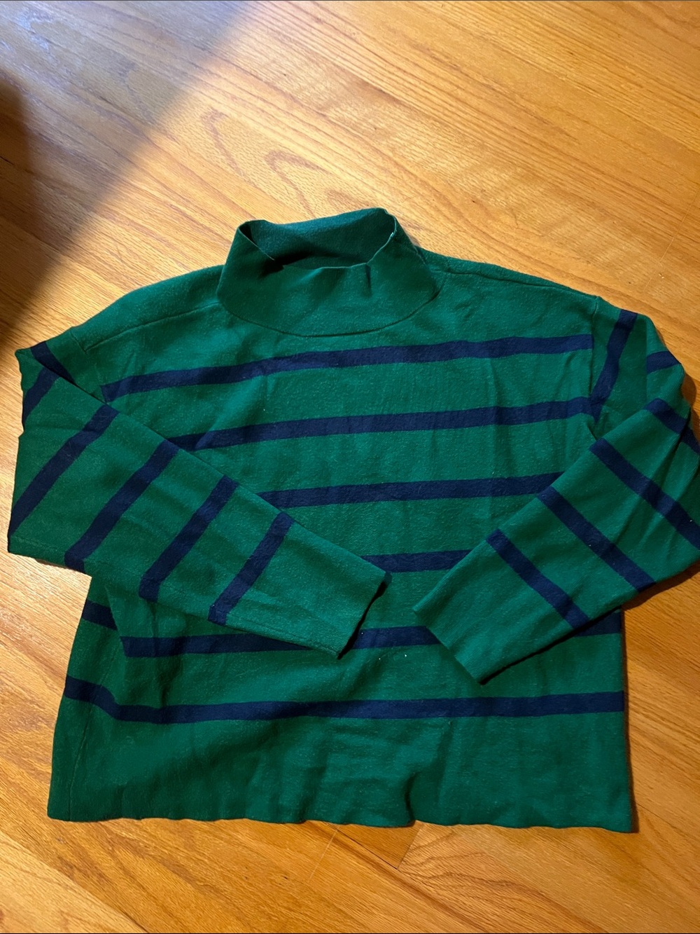 Anthropologie Green and Navy Striped Turtleneck Sweater